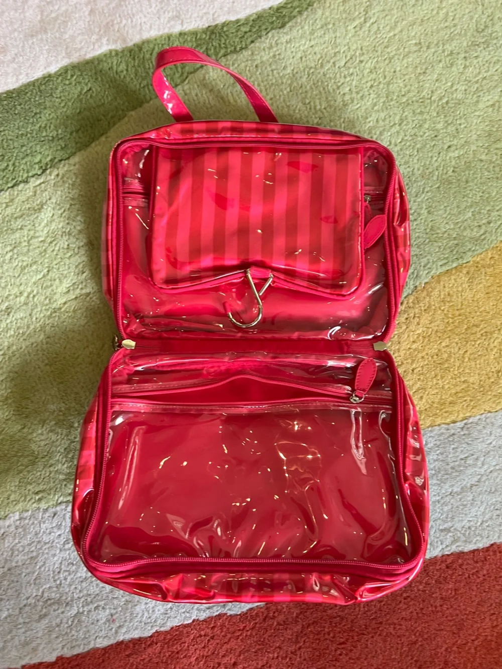 Victoria's Secret Hot Pink Glossy Striped Cosmetic Bag